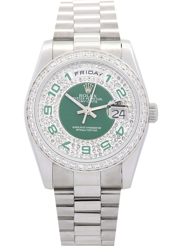 Rolex Day-Date 36mm Green and Silver with Diamonds Dial 118346 $325.00