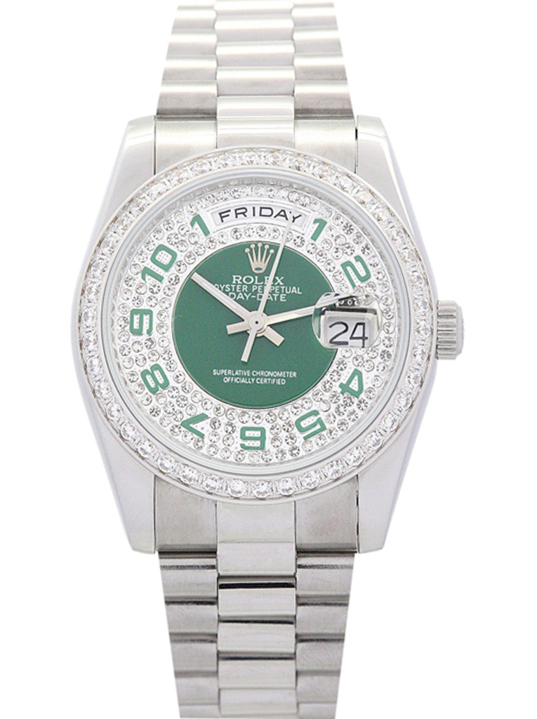 Rolex Day-Date 36mm Green and Silver with Diamonds Dial 118346 $325.00