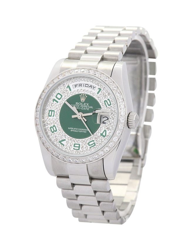Rolex Day-Date 36mm Green and Silver with Diamonds Dial 118346 $325.00