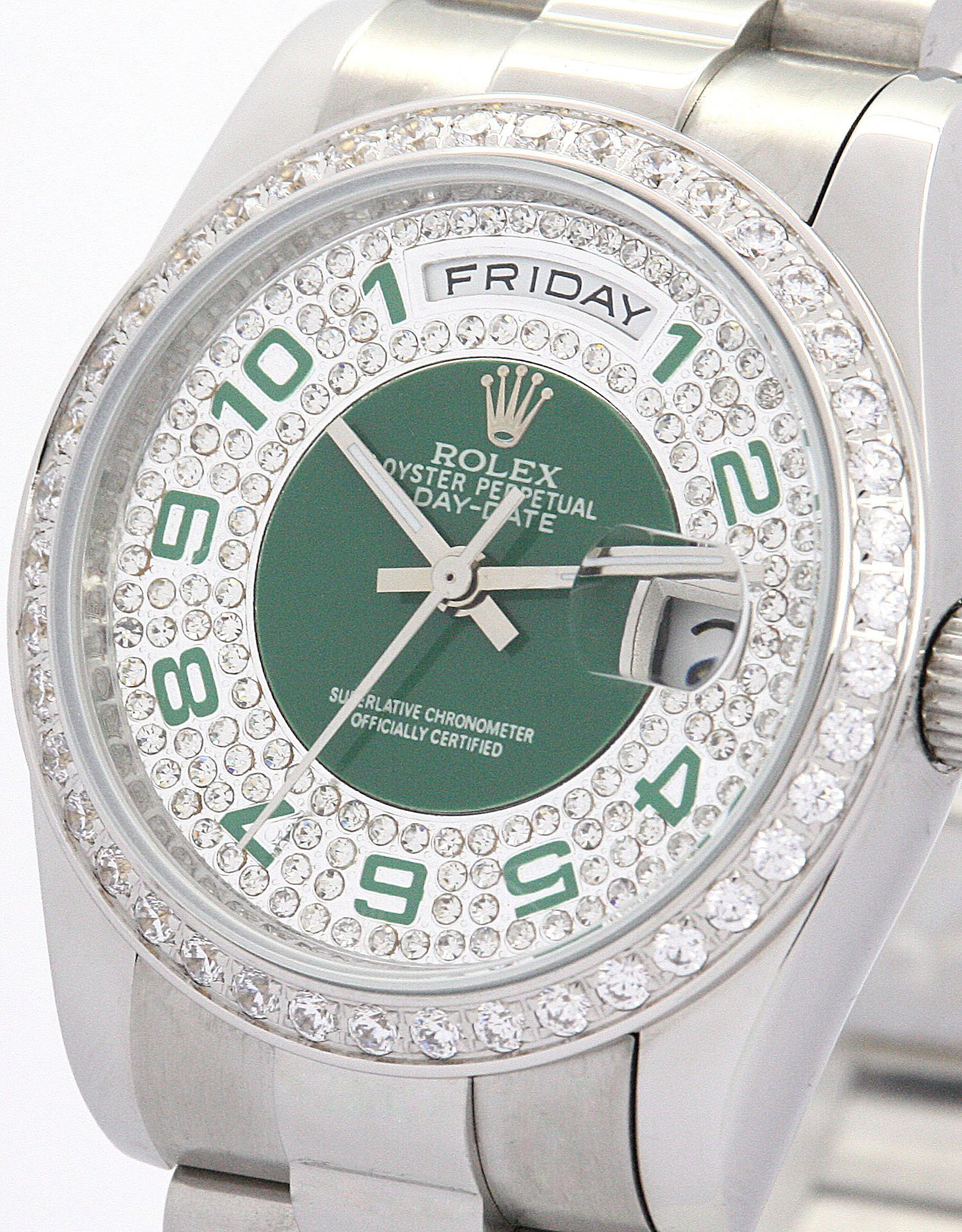 Rolex Day-Date 36mm Green and Silver with Diamonds Dial 118346 $325.00